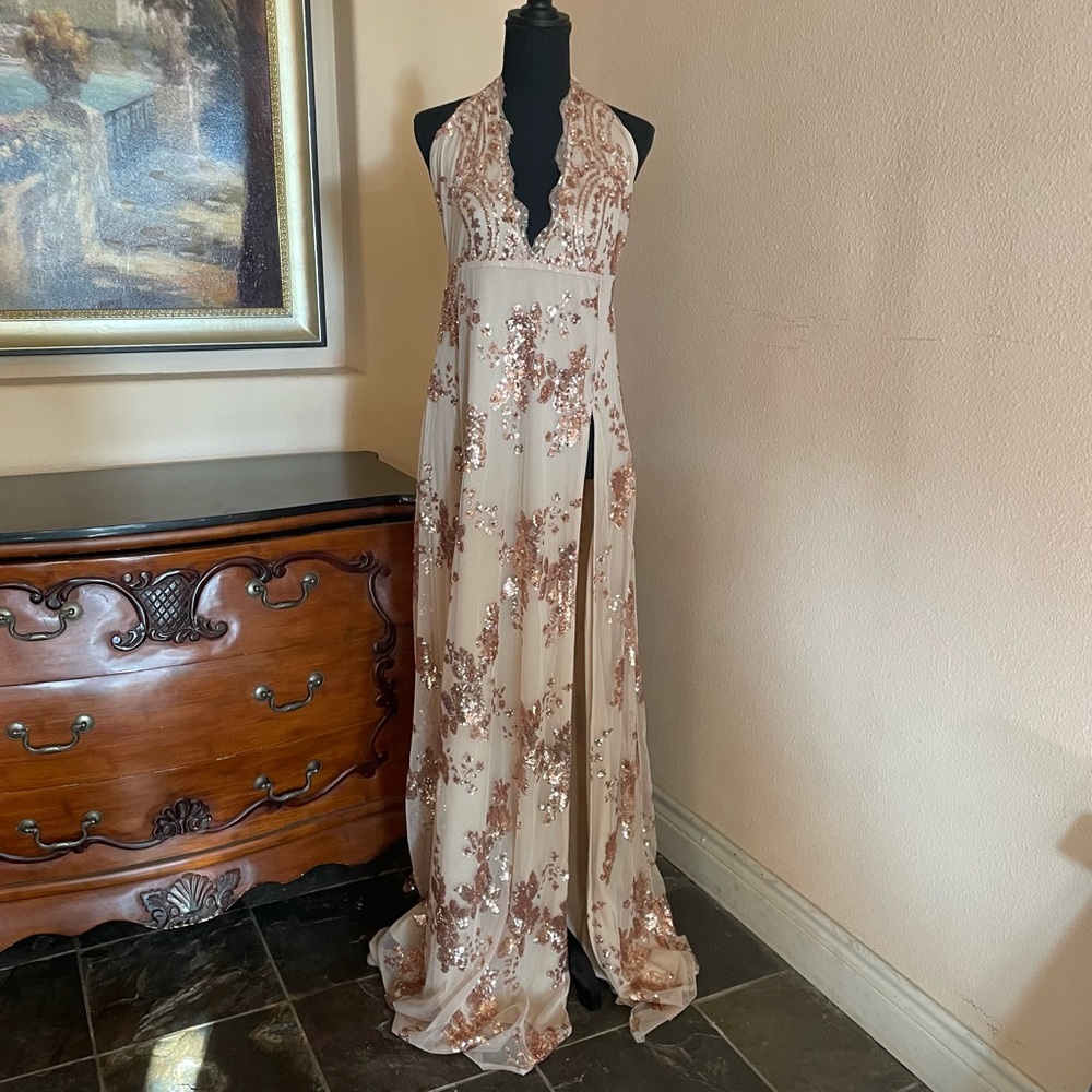 Champagne sequin halter gown with slit